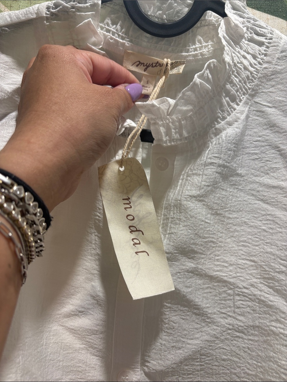 Mystree White Ruffle Neck Button-Down Shirt - Picture 4 of 6